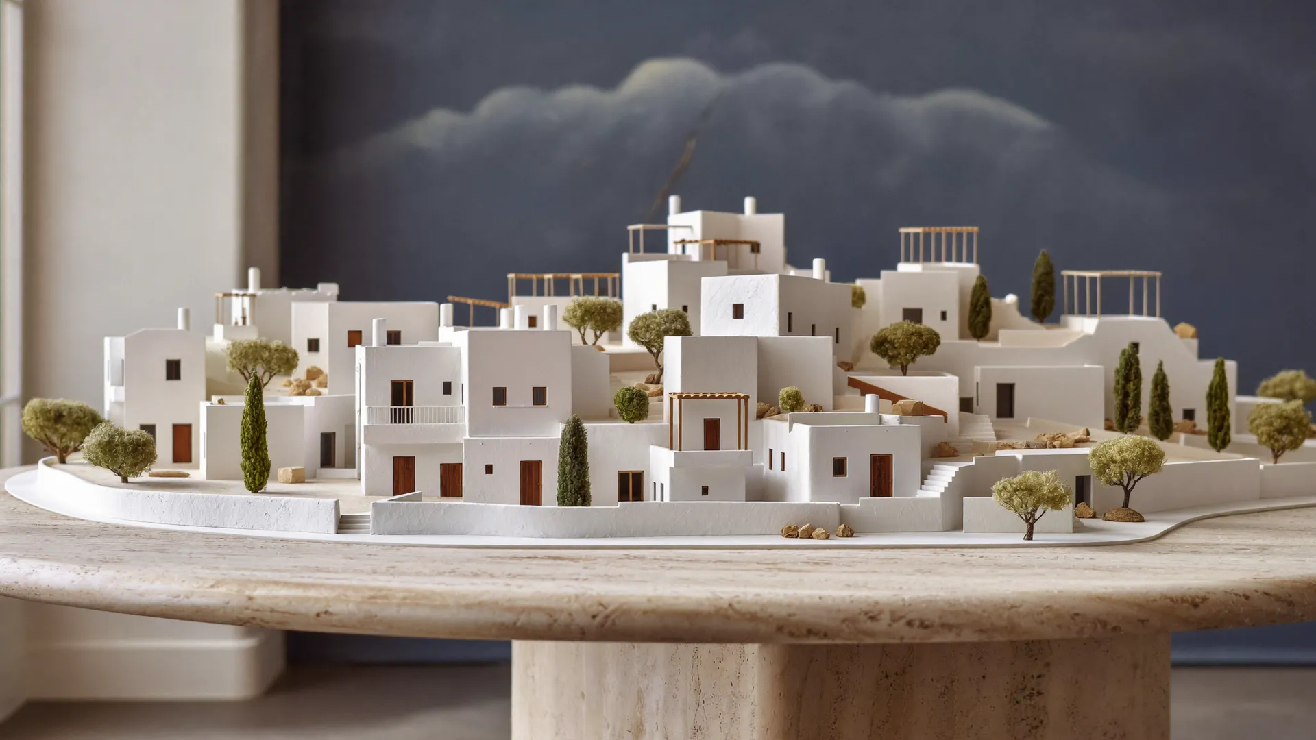 Maquete do bairro inteiro sobre mesa de travertino